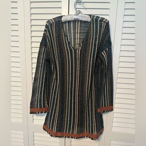 EUC Soft Surroundings Tunic Knit Sweater brown, cream, turquoise and rust